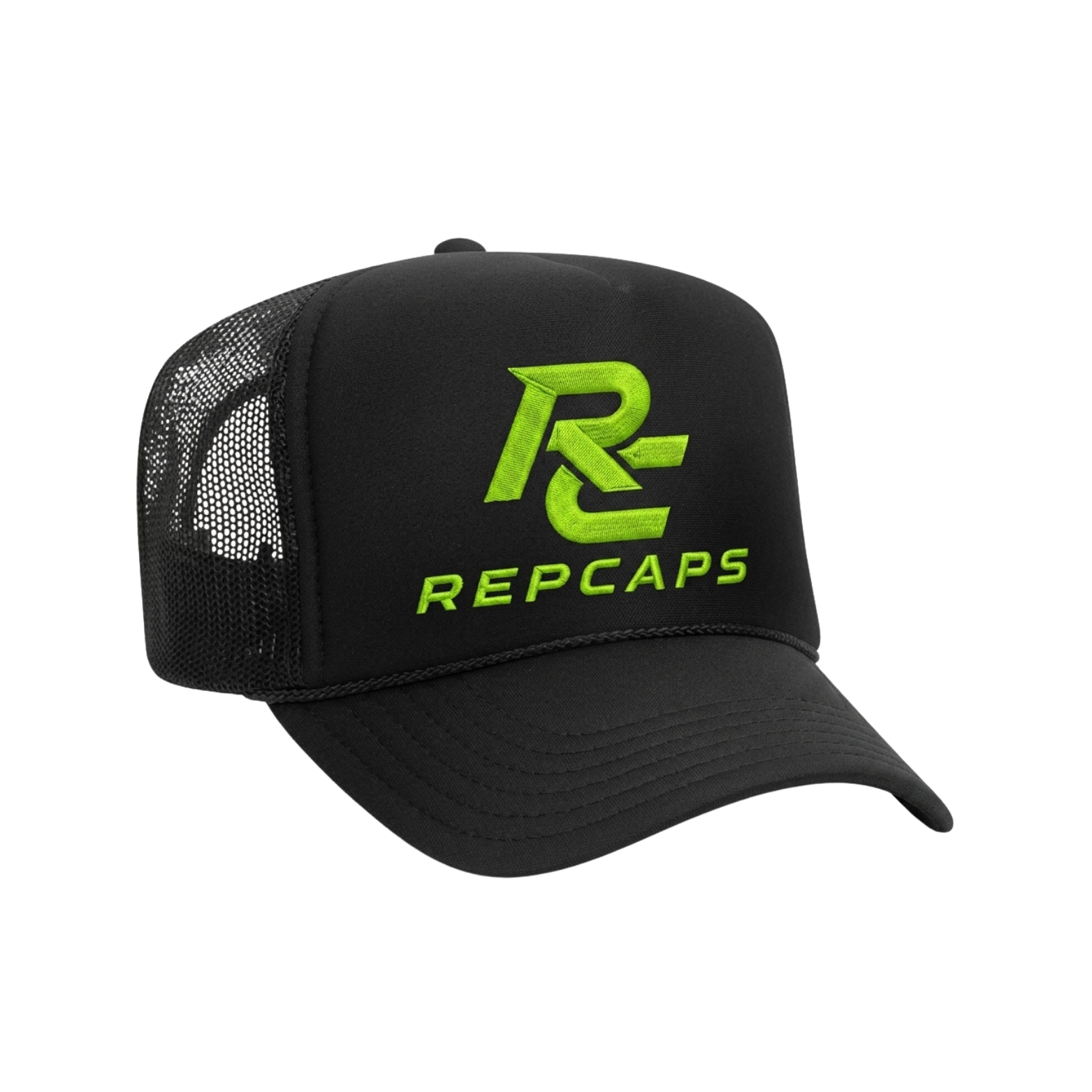 REPCAPS black trucker cap with electric green embroidered RC logo